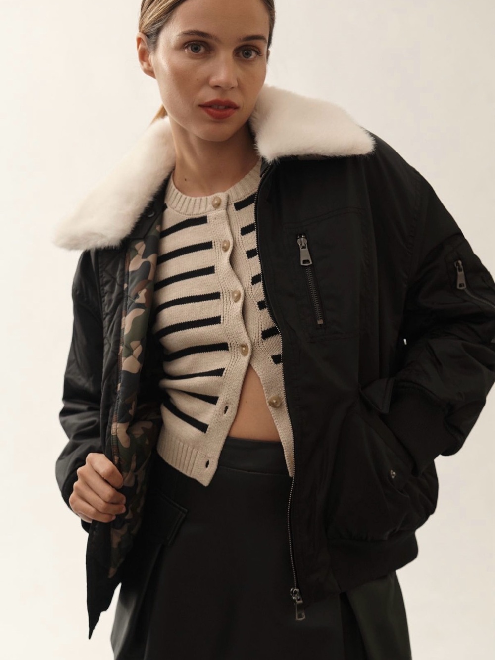 NVLT Womenβs Black Bomber Jacket with White Faux Fur Collar